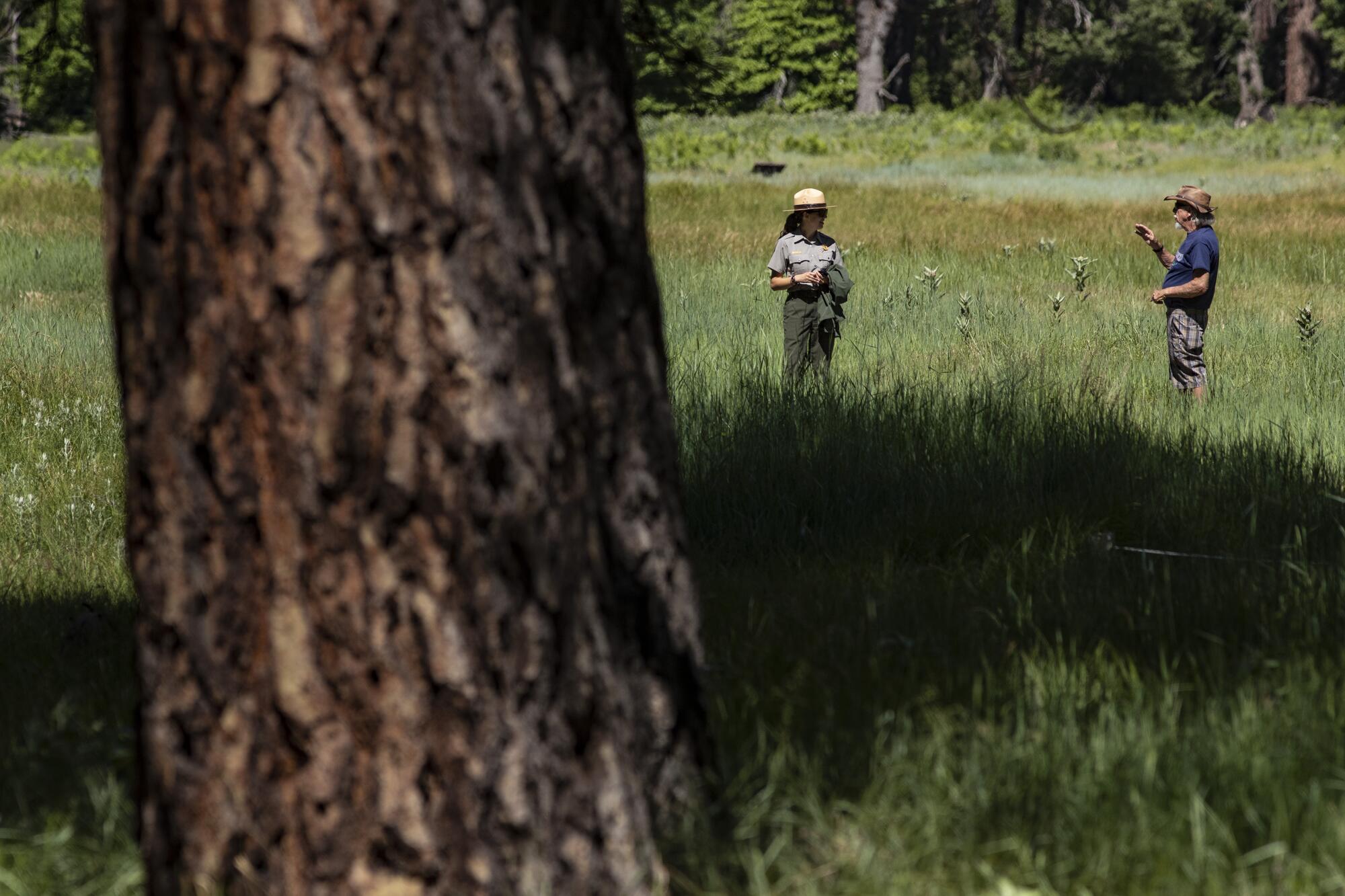 Park ranger Jamie Jirele maintains social distancing as she chats with a visitor in a meadow in Yosemite Valley.