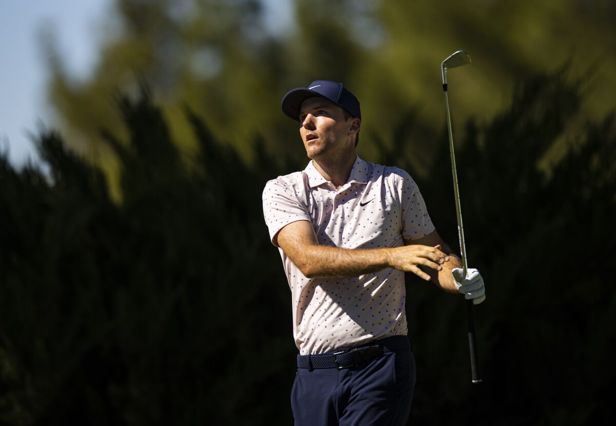 Russell Henley tees off at the fifth hole during the third round of the CJ Cup golf tournament at Shadow Creek Golf Course, Saturday, Oct. 17, 2020, in North Las Vegas. (Chase Stevens/Las Vegas Review-Journal via AP)
