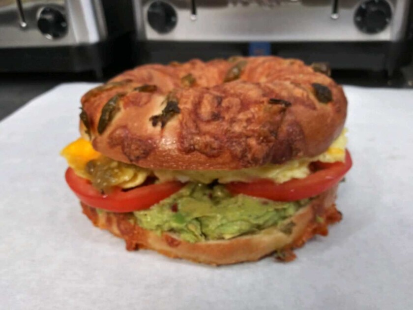 huevos rancheros on a jalapeno bagel