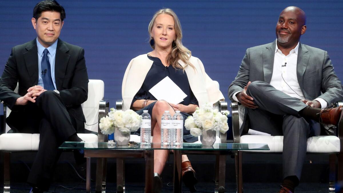 Co-Head of Television at Amazon Studios Albert Cheng, Head of Amazon Studios Jennifer Salke, and Co-Head of Television at Amazon Studios Vernon Sanders speak onstage Saturday during the Amazon Studios portion of the Summer 2018 TCA Press Tour in Beverly Hills.