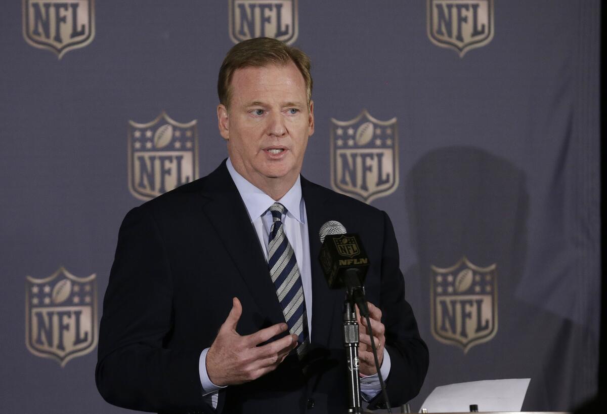 Commissioner Roger Goodell speaks to reporters May 20 during the NFL's spring meetings in San Francisco.