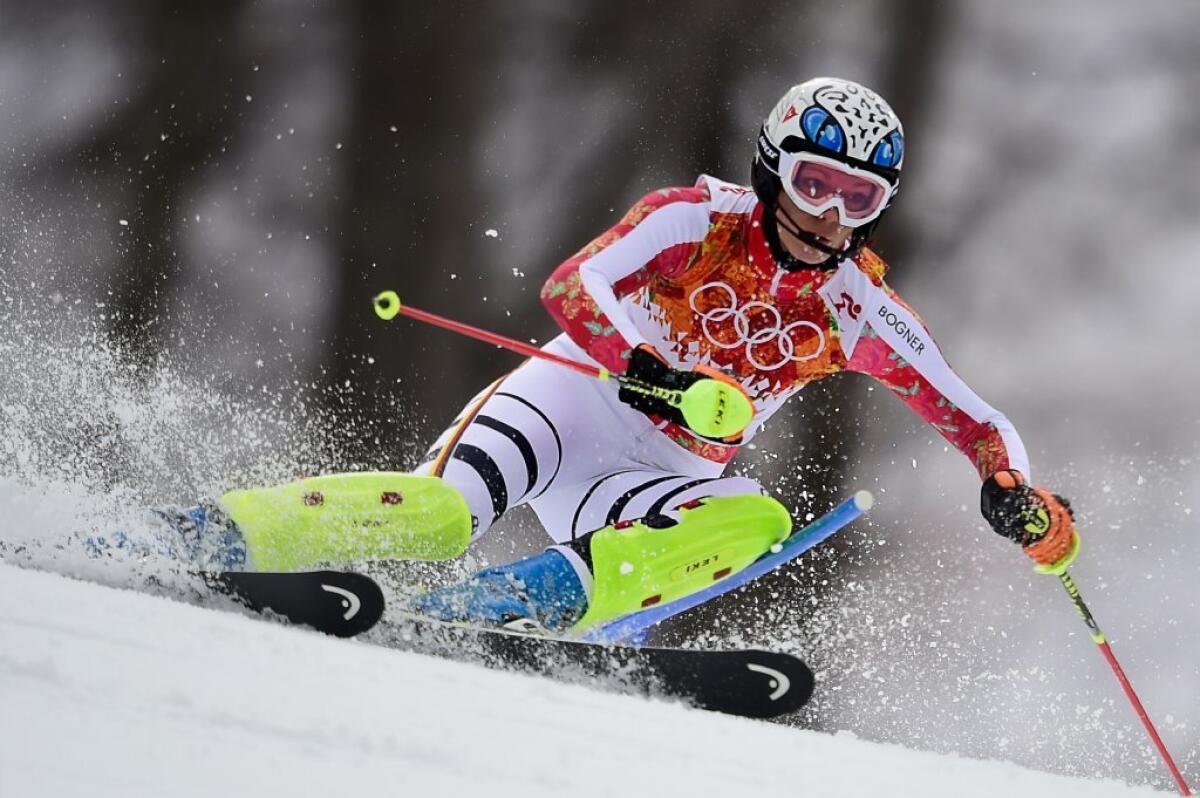 Maria Hoefl-Riesch skis during the slalom portion of the women's super combined.