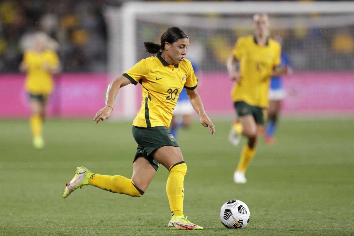 Australia's Sam Kerr controls the ball during a match against Brazil in October 2021.