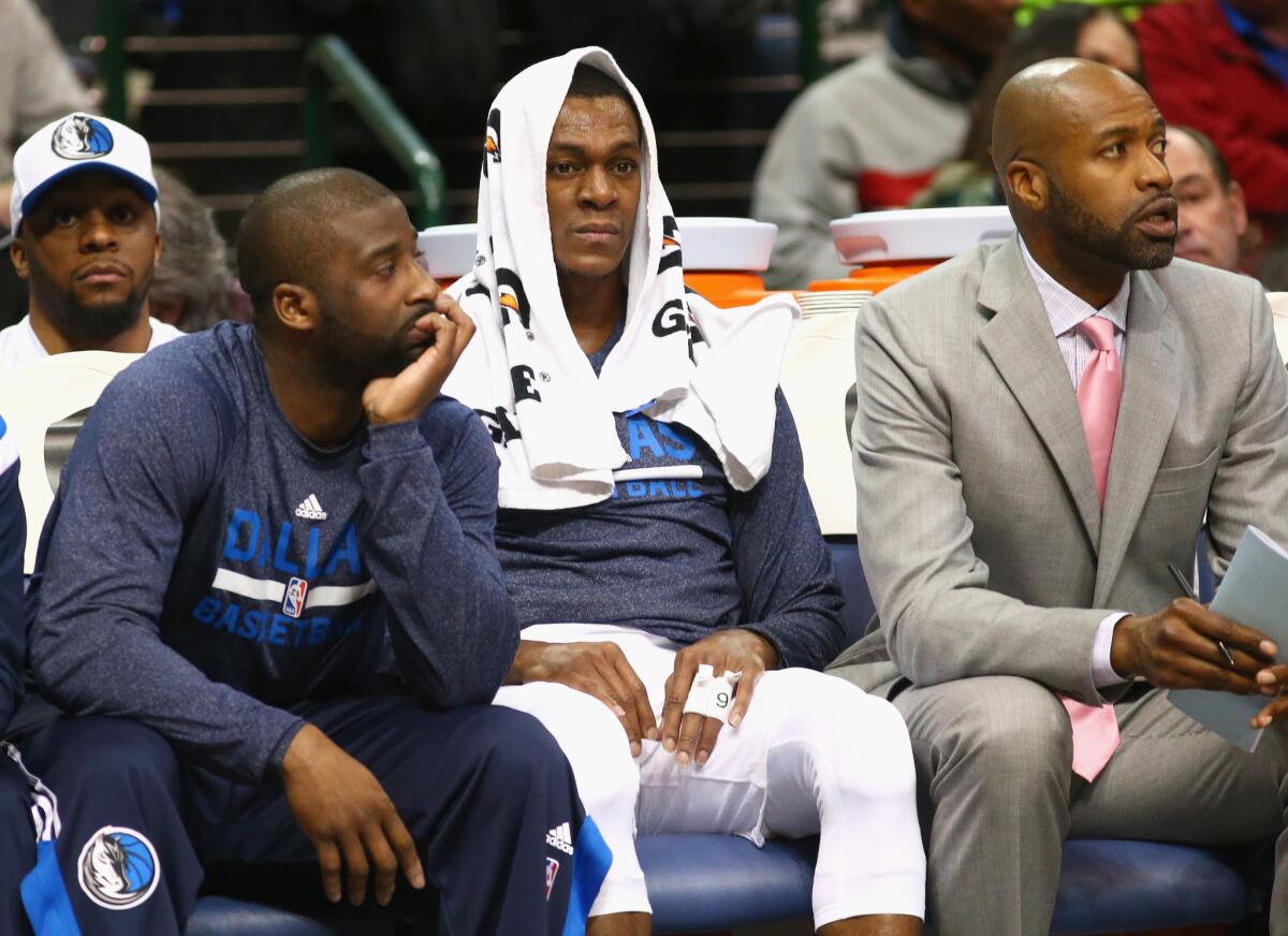 Dallas Mavericks guard Rajon Rondo sits on the bench during a game Tuesday against the Toronto Raptors. Rondo was suspended one game Wednesday for conduct detrimental to the team.