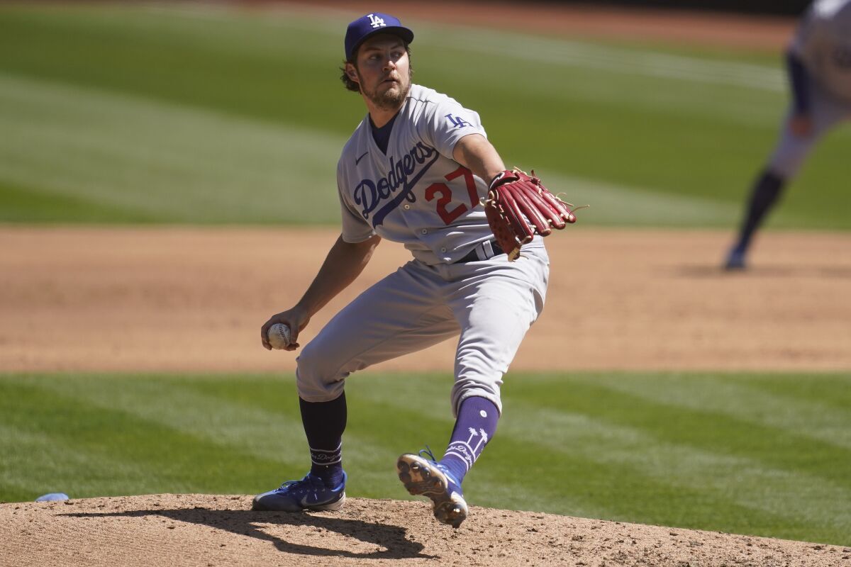 Los Angeles Dodgers pitcher Trevor Bauer against the Oakland Athletics.