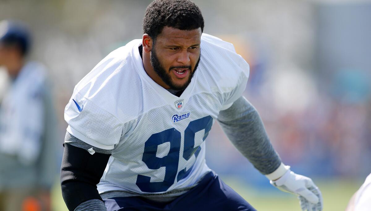 Aaron Donald participates in the Rams' training camp at UC Irvine on July 30, 2016.