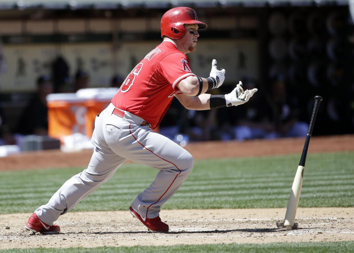 Angels outfielder Kole Calhoun drives in two runs with a single against the Athletics during the fifth inning of a game earlier this week.