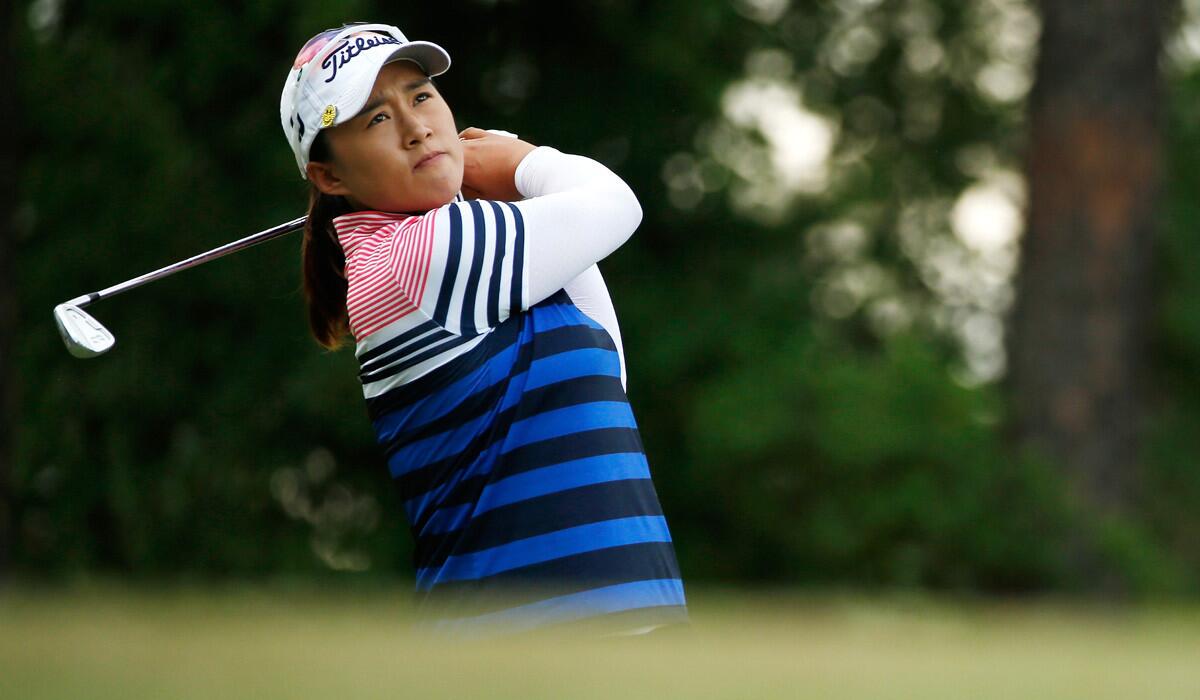 Amy Yang watches her tee shot on the 17th hole during the third round of the U.S. Women's Open on Saturady at Pinehurst's Course No. 2.