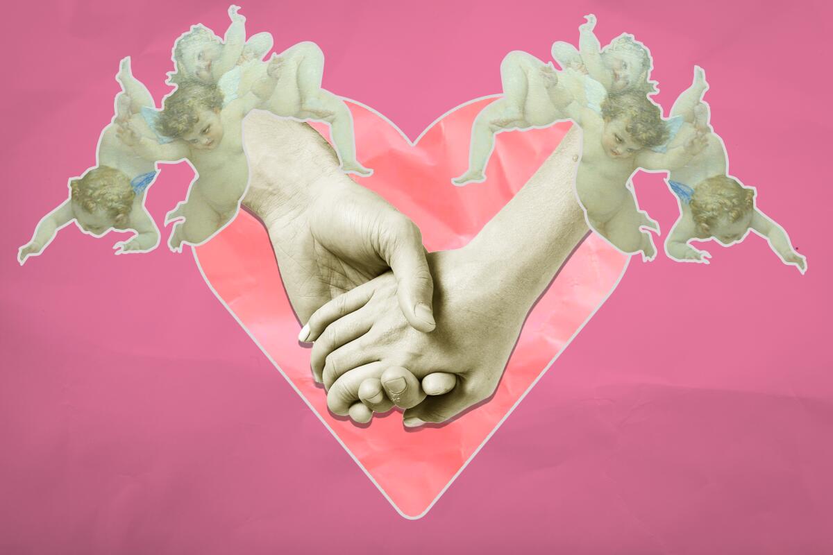 Illustraton of cherubs fluttering around two hands clasped in love.