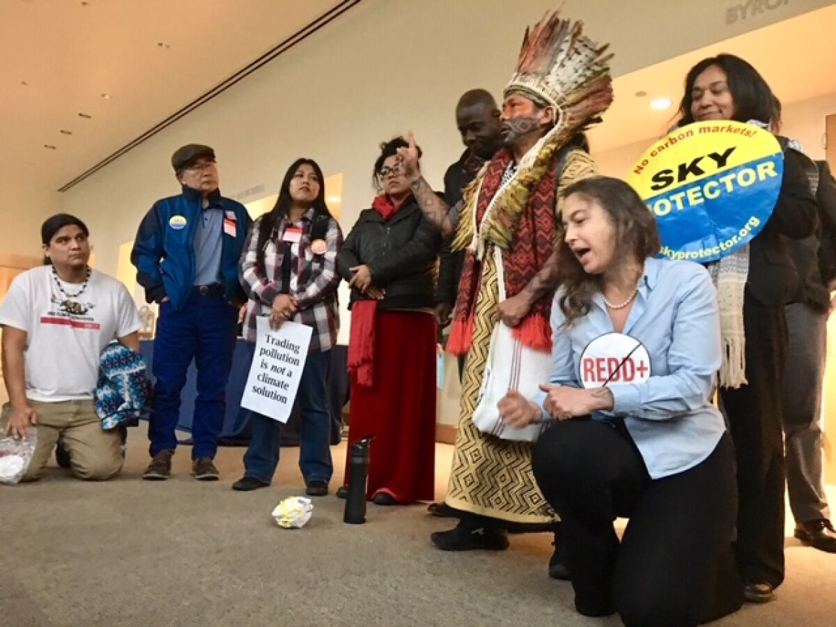 Indigenous leaders protested the Tropical Forest Standard at a 2018 meeting of the California Air Resources Board.