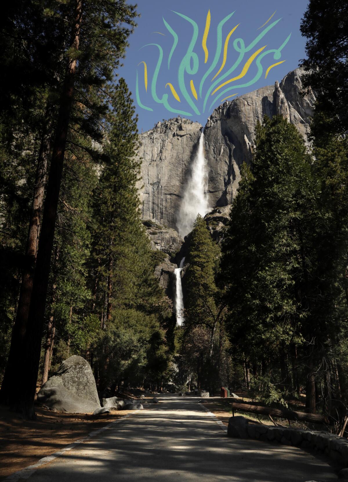 Yosemite Falls seen without people due to the park closure on April 11, 2020.