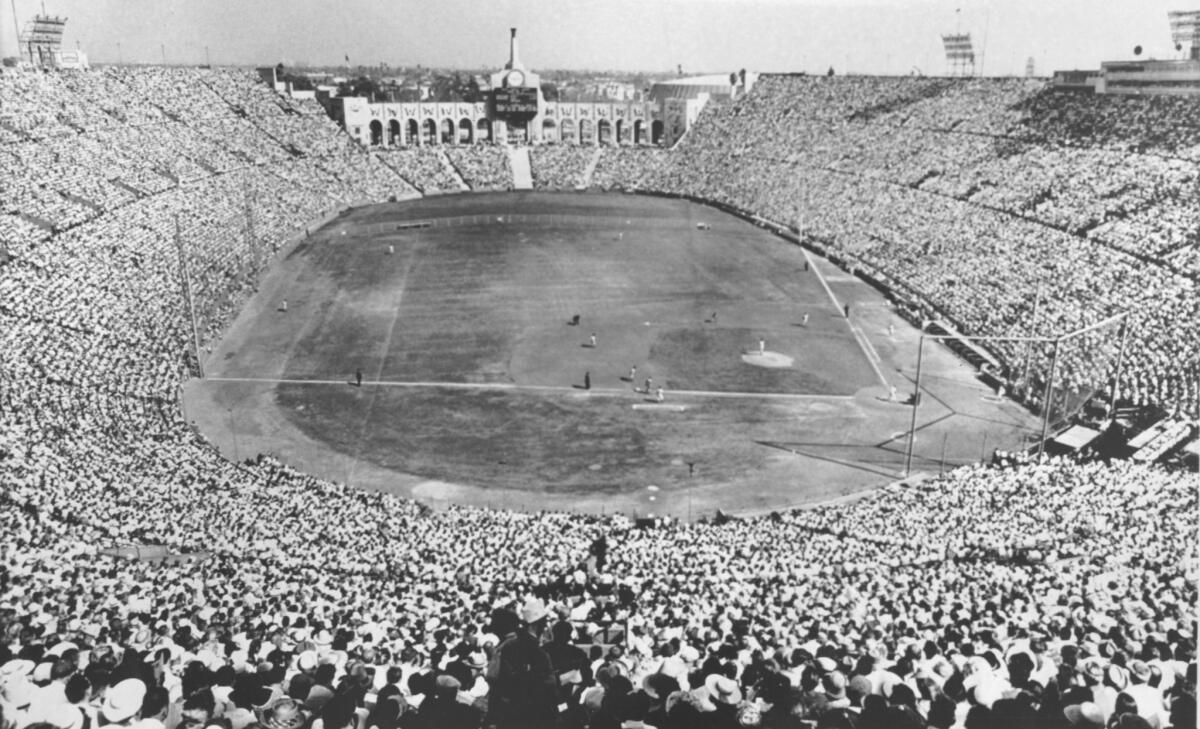The Los Angeles Coliseum during the fifth game of the 1959 World Series between the Dodgers and the Chicago White Sox.