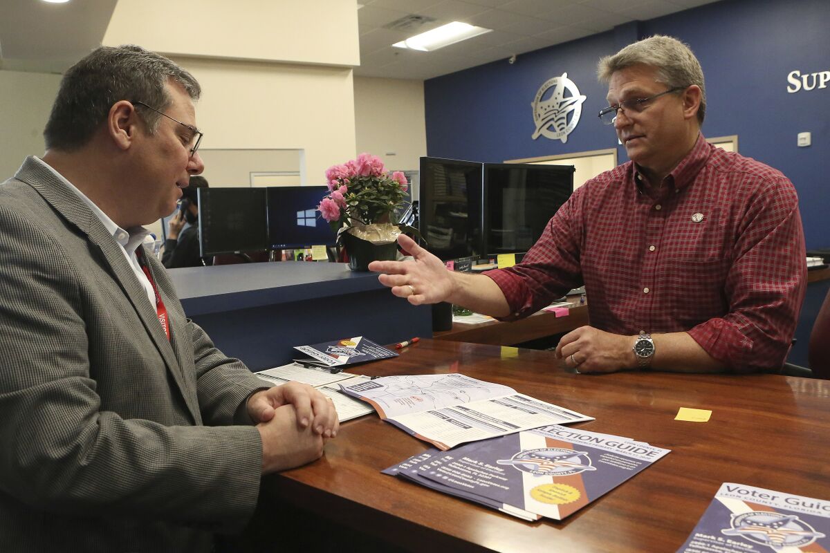 Leon County supervisor of elections Mark Earley, right, shows Don Palmer of the federal election assistance commission the sample ballot for the Tuesday primary on Thursday, March 12, 2020 in Tallahassee, Fla. (AP Photo/Steve Cannon)