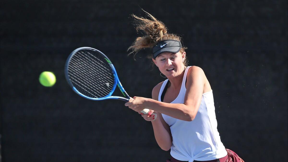 Laguna Beach High's Ella Pachl, pictured competing against Edison on Oct. 9, contributed to the Breakers beating Rancho Cucamonga 9-9 (79-57 on games) in the CIF Southern Section Division 3 quarterfinals on Tuesday.