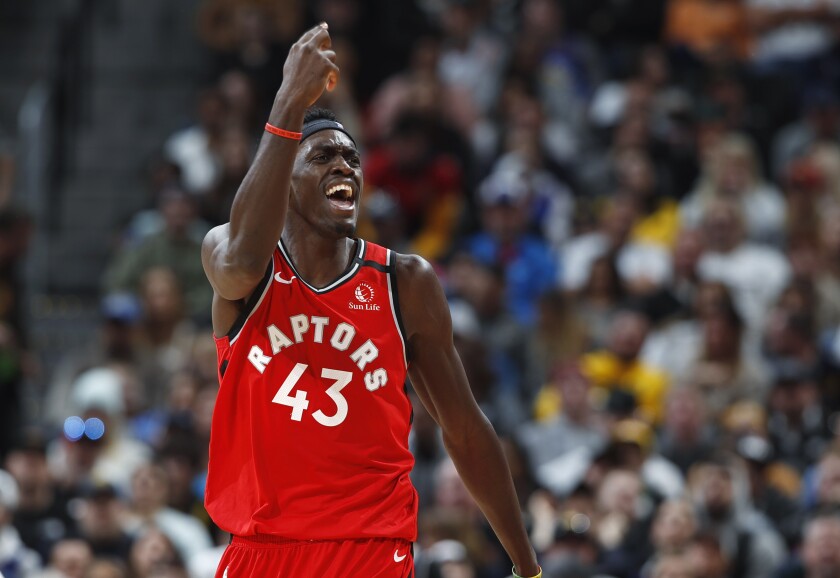 Raptors forward Pascal Siakam asks for a review of a play in which he was called for a foul during a game against the Nuggets on March 1, 2020.