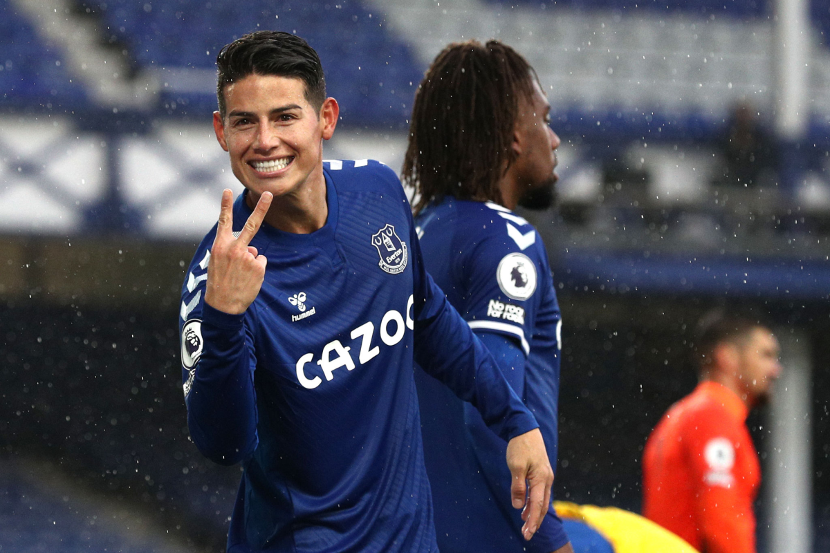 Everton's James Rodriguez celebrates after scoring a goal against Brighton on Oct. 3. 