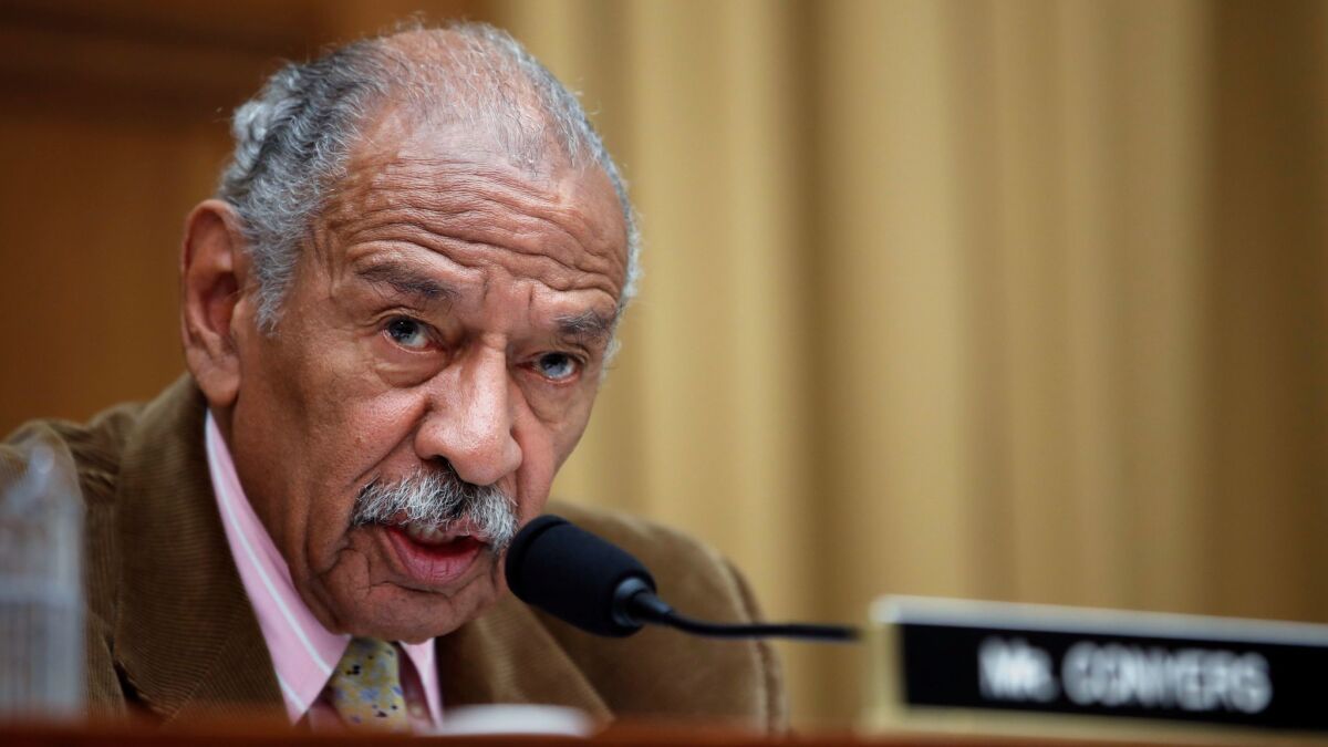 In this April 4, 2017, file photo, Rep. John Conyers (D-Mich.) speaks during a hearing of the House Judiciary subcommittee on Capitol Hill in Washington.
