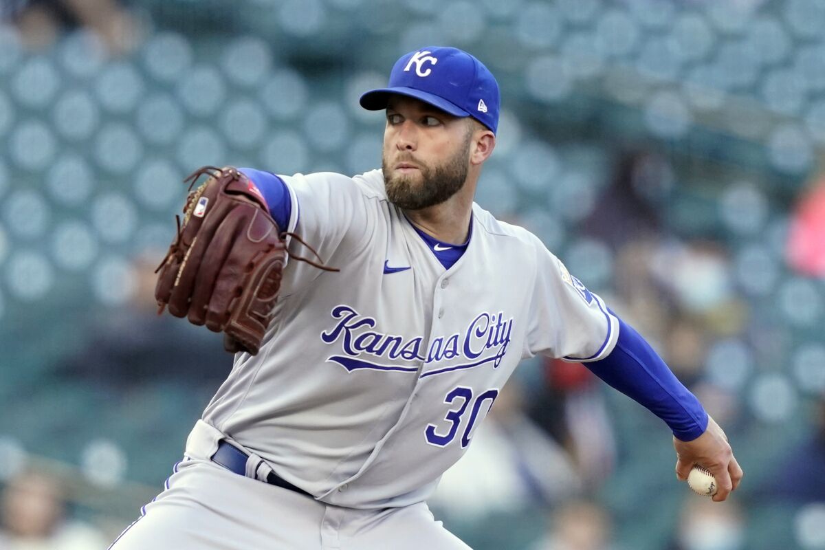 Kansas City Royals starting pitcher Danny Duffy throws during the second inning of a baseball game against the Detroit Tigers, Wednesday, May 12, 2021, in Detroit. (AP Photo/Carlos Osorio)