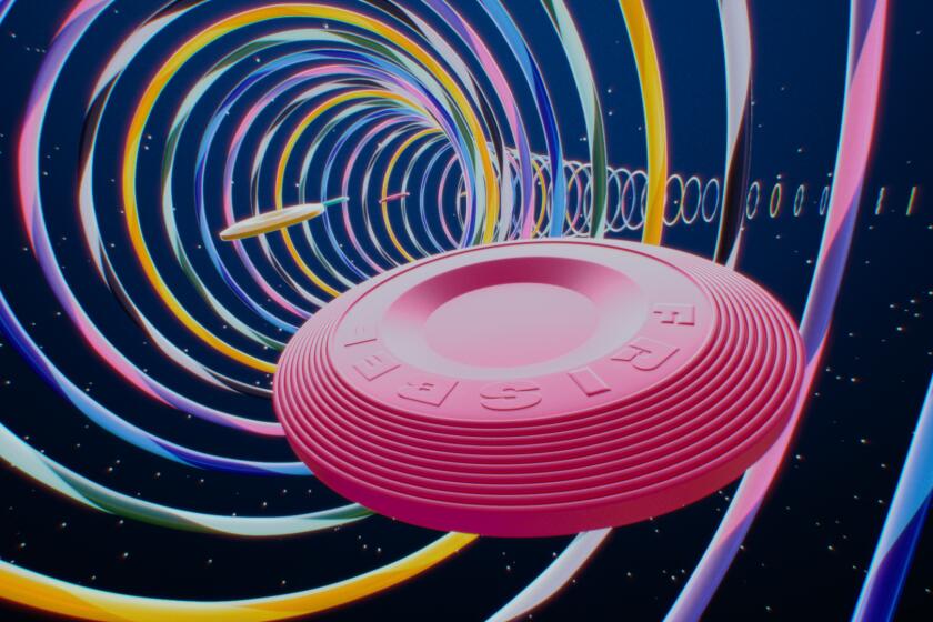 3D illustration of a frisbee zooming through a tunnel made from hula hoops
