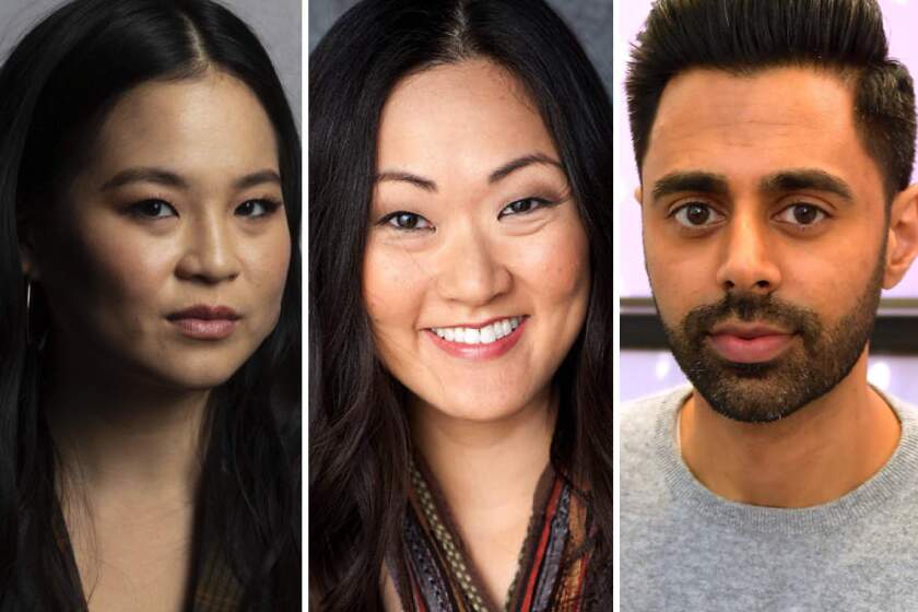 A photo triptych of Kelly Marie Tran, Jully Lee and Hasan Minhaj. 