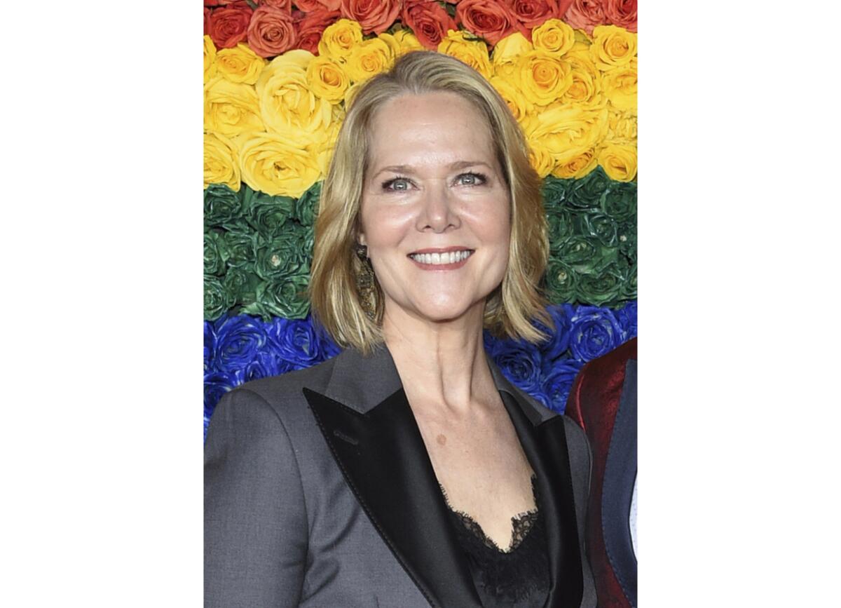 FILE - Rebecca Luker appears at the 73rd annual Tony Awards in New York on June 9, 2019. Luker, 59, a three-time Tony nominated actor, died Dec. 23, 2020. Some of Broadway's biggest stars are joining together to pay tribute to Luker and raise money to fight Lou Gehrig’s disease. Kristin Chenoweth, Laura Benanti, Sierra Boggess, Michael Cerveris, Victoria Clark, Santino Fontana, Judy Kuhn, Howard McGillin, Norm Lewis, Kelli O’Hara and Sally Wilfert will perform in a show Tuesday night that will feature stories and songs from Luker’s career. (Photo by Evan Agostini/Invision/AP, File)