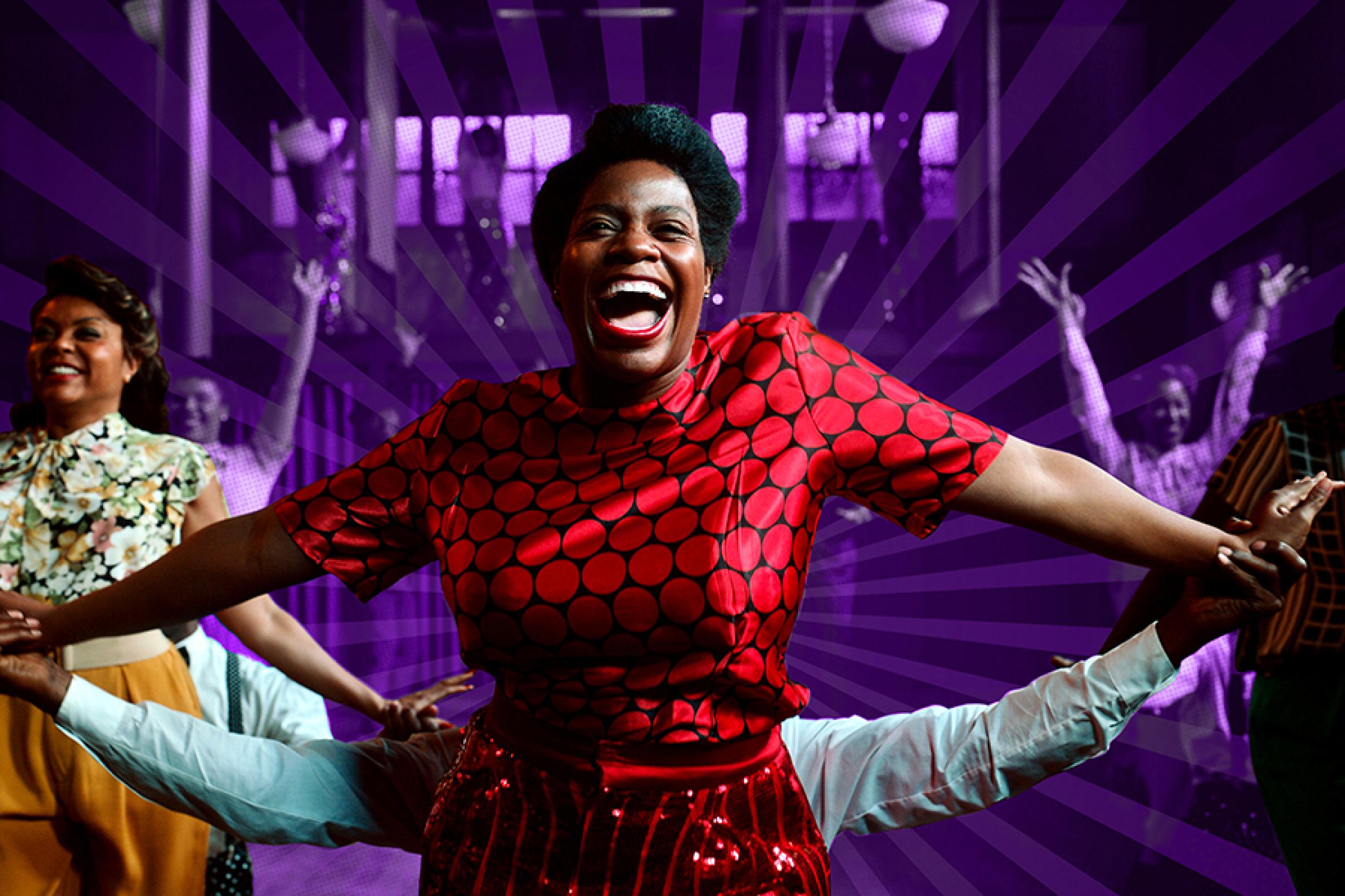 A woman smiles broadly as she leads a dance number in a photo illustration of "The Color Purple."
