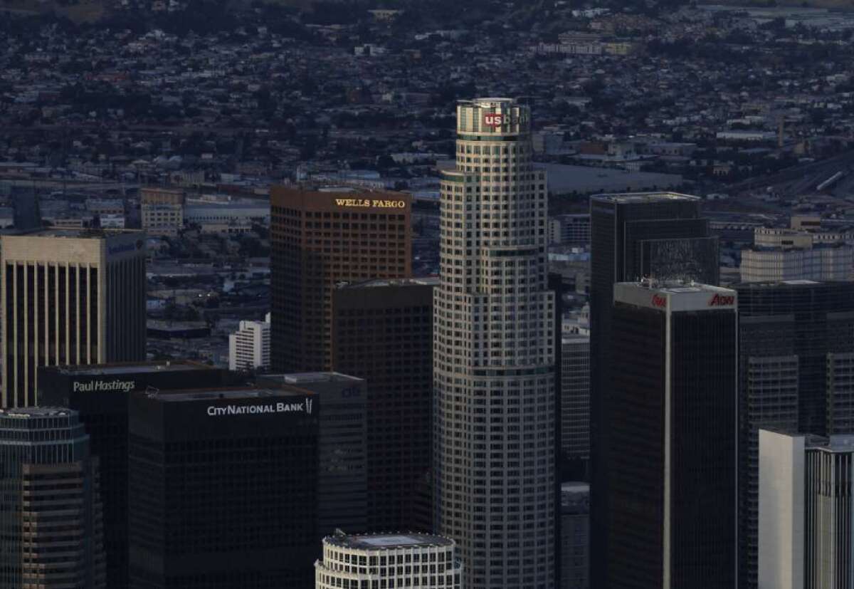 The U.S. Bank Tower as seen from the Goodyear blimp in 2010.