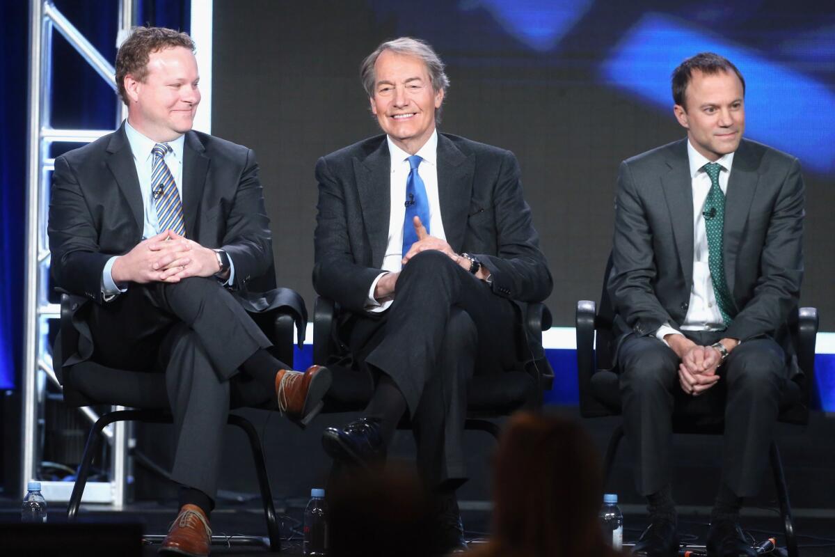 "CBS This Morning" co-host Charlie Rose, center, speaks at a television critics event with Chris Licht, vice president of programming for CBS News, left, and CBS News President David Rhodes. Rose revealed plans to interview Sean Penn about meeting with a fugitive drug lord.