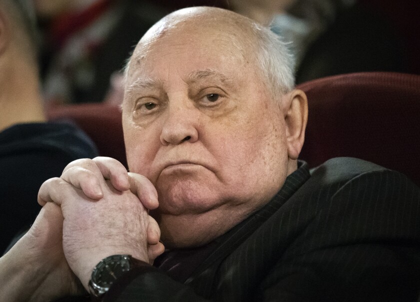 FILE - In this Thursday, Nov. 8, 2018 file photo, former Soviet leader Mikhail Gorbachev attends the Moscow premier of a film made by Werner Herzog and British filmmaker Andre Singer based on their conversations, in Moscow, Russia. Former Soviet leader Mikhail Gorbachev turned 90 on Tuesday March 2, 2021, receiving greetings from the Kremlin and global leaders while Russians remained divided over his legacy. (AP Photo/Alexander Zemlianichenko, File)