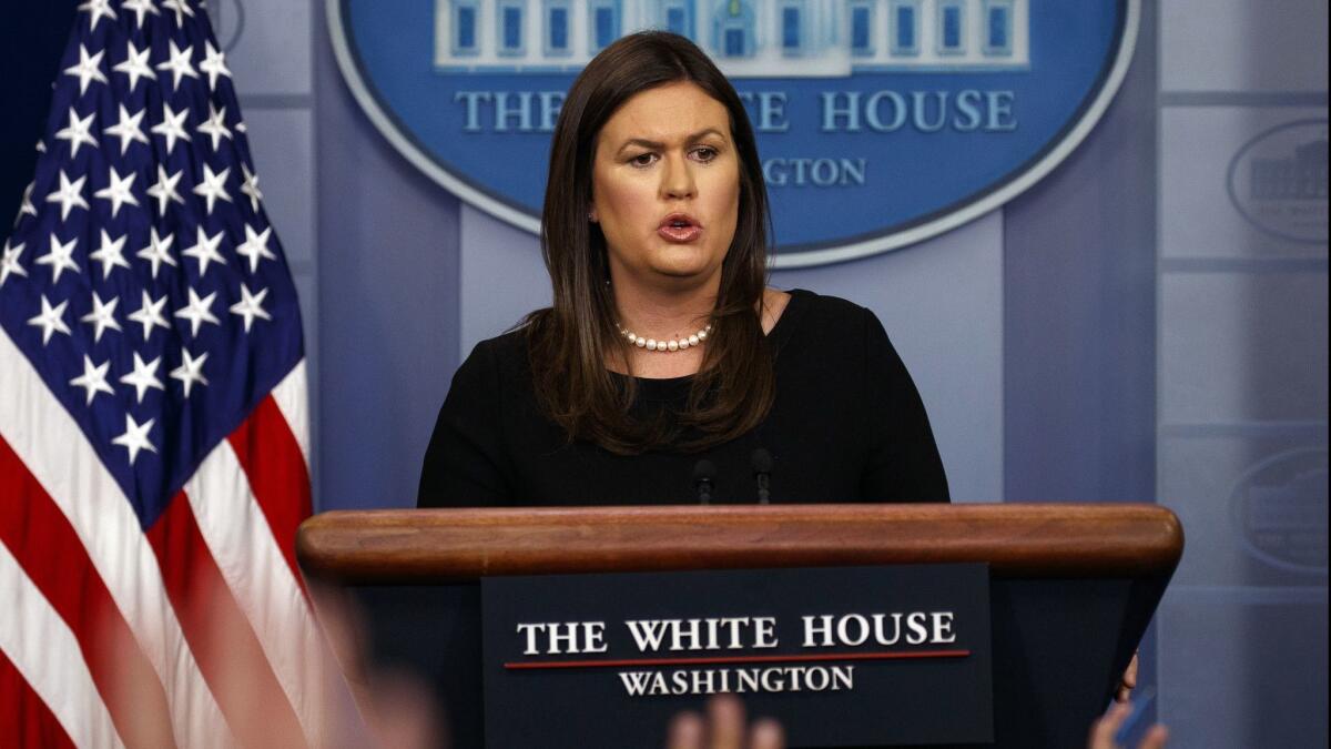 White House press secretary Sarah Huckabee Sanders speaks Thursday during the daily press briefing at the White House. (AP Photo/Evan Vucci)