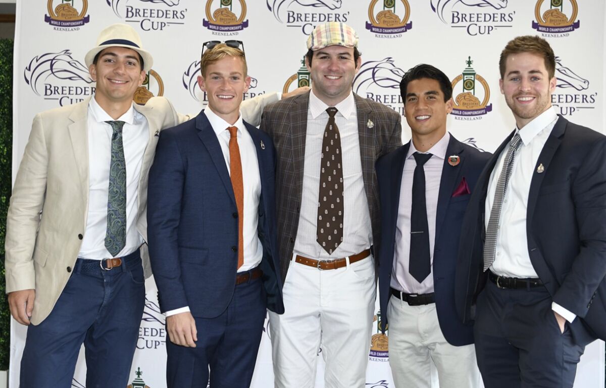 Dan Giovacchini, Reiley Higgins, Alex Quoyeser, Patrick O’Neill and Eric Armagost attend the Breeders' Cup at Keeneland.