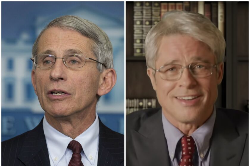 Director of the National Institute of Allergy and Infectious Diseases at the National Institutes of Health Dr. Anthony S. Fauci, left, was portrayed by Brad Pitt, right, on "Saturday Night Live" on April 25, 2020.