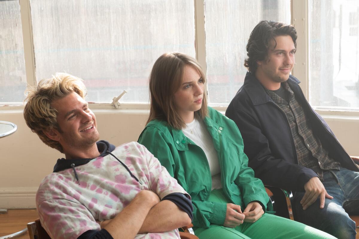 From left, Andrew Garfield, Maya Hawke and Nat Wolff in Gia Coppola's "Mainstream."