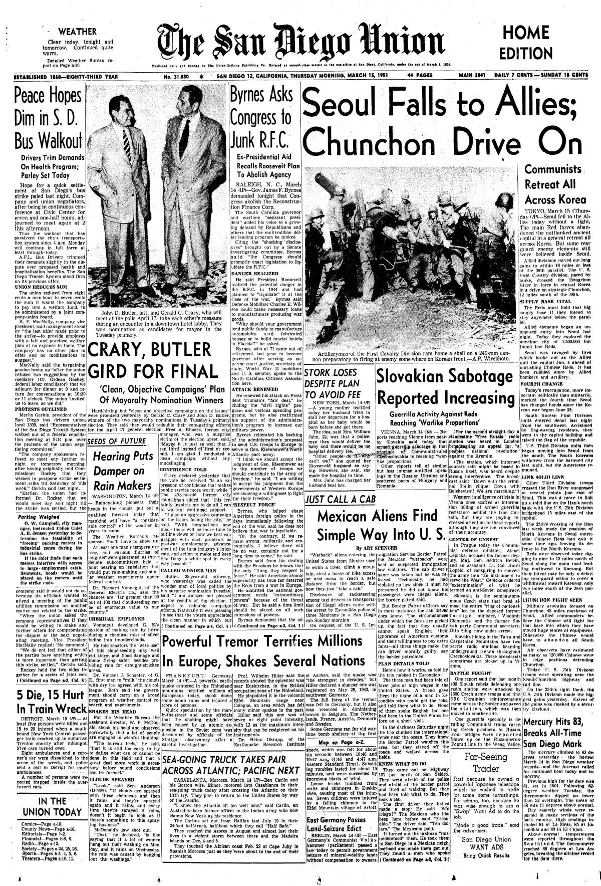 "Seoul Falls to Allies" topped the front page of The San Diego Union on March 15, 1951.