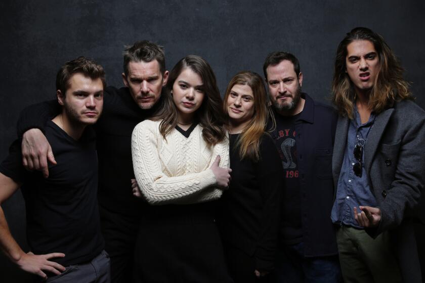 From left, From the movie "Ten Thousand Saints," Emile Hirsch, Ethan Hawke, Hailee Steinfeld, filmmakers Shari Springer Berman & Robert Pulcinion and Avan Jogia at the L.A. Times photo & video studio at the 2015 Sundance Film Festival.