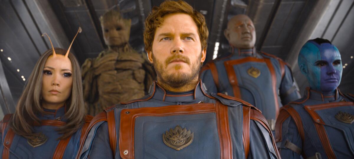 Pom Klementieff, Groot (voiced by Vin Diesel), Chris Pratt, Dave Bautista, Karen Gillan in "Guardians of the Galaxy Vol. 3."