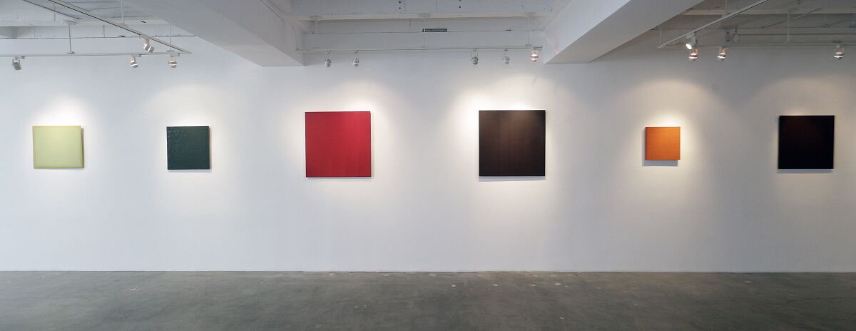 Six of a collection of paintings and drawings by artist Carolee Toon, titled "Complex Simplicity," in the Nan Rae Gallery at Woodbury University on Friday, Feb. 21, 2020. The artwork will be on display through April 4, 2020.
