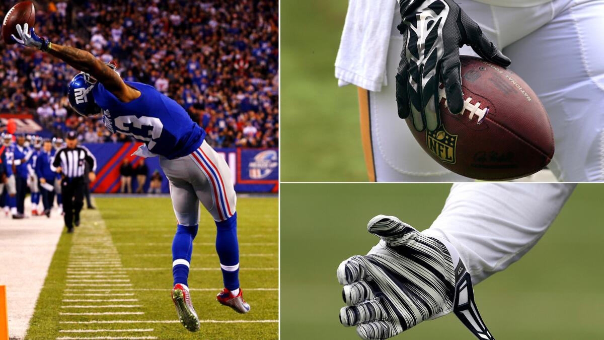 How does Odell Beckham Jr., left, make a one-handed catch? Gloves, like those sported by Rams running back Todd Gurley, top right, and a teammate, bottom right, certainly help.