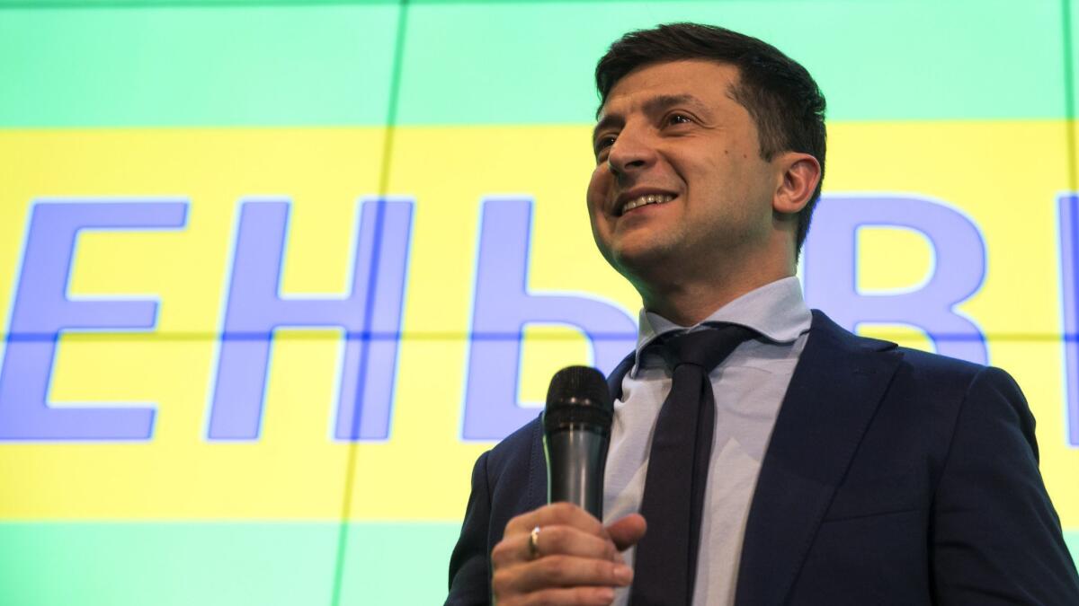 Ukrainian comedian Volodymyr Zelensky speaks at a news conference after the presidential elections in Kiev, Ukraine, on Sunday. He will face incumbent Petro Poroshenko in an April 12 runoff.