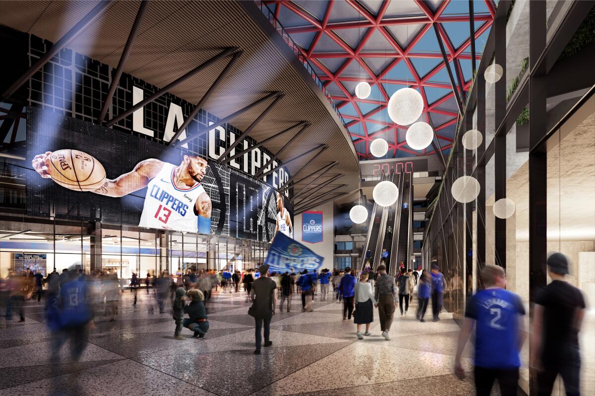 An artist's rendering shows fans strolling a wide concourse inside the Clippers' new arena, Intuit Dome.