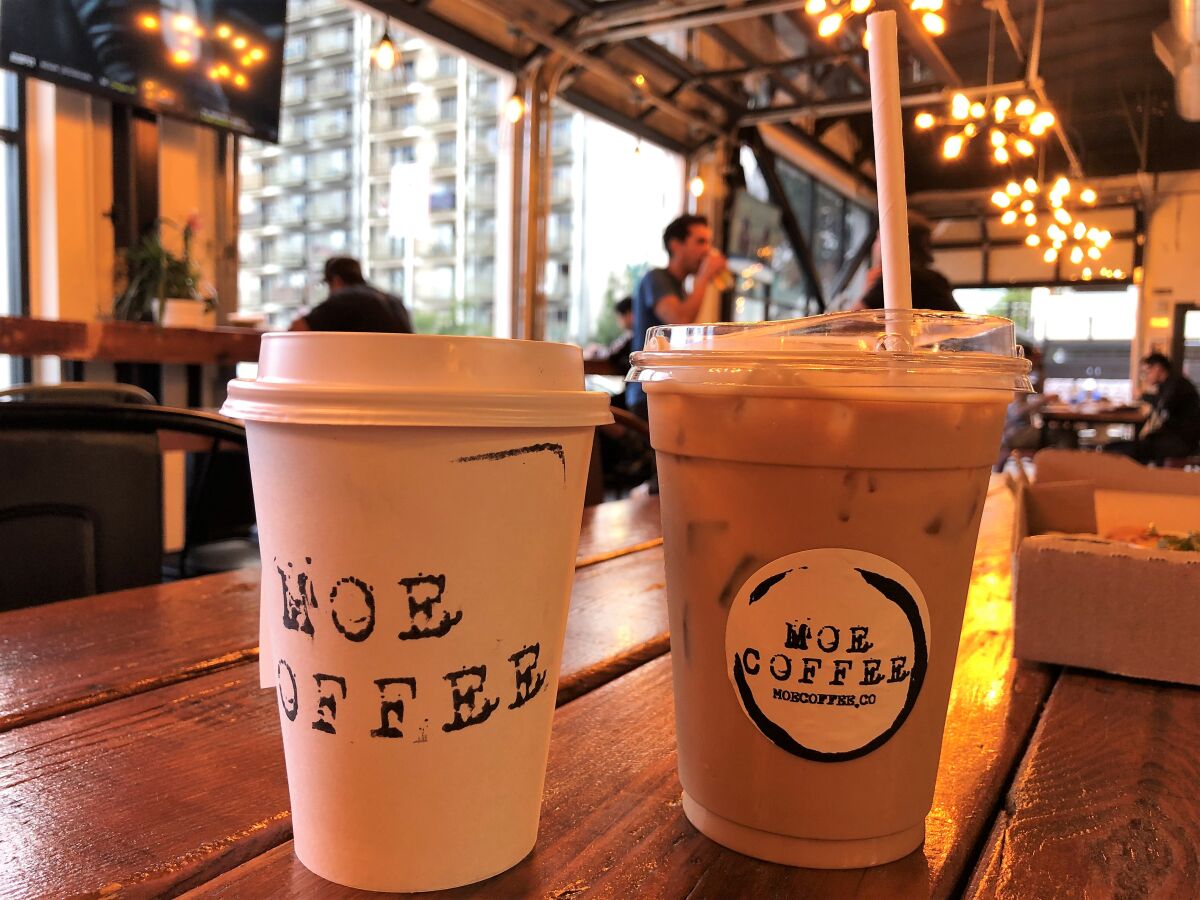 Hot and iced coffee drinks from MOE Coffee at Market on 8th food hall in National City.