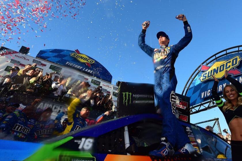 DOVER, DE - OCTOBER 01: Kyle Busch, driver of the #18 M&M's Caramel Toyota, celebrates in Victory Lane after winning the Monster Energy NASCAR Cup Series Apache Warrior 400 presented by Lucas Oil at Dover International Speedway on October 1, 2017 in Dover, Delaware. (Photo by Jared C. Tilton/Getty Images) ** OUTS - ELSENT, FPG, CM - OUTS * NM, PH, VA if sourced by CT, LA or MoD **