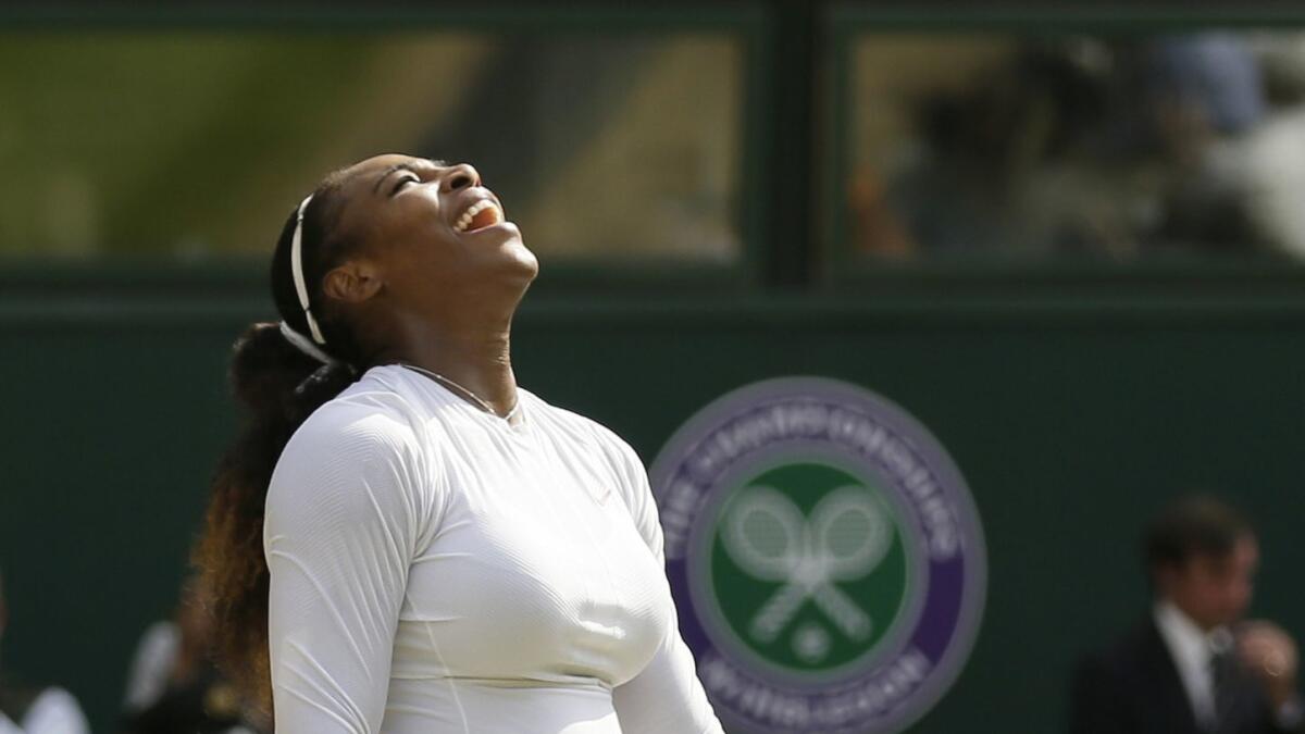 Serena Williams celebrates after defeating Julia Gorges during the Wimbledon semifinals on July 12.
