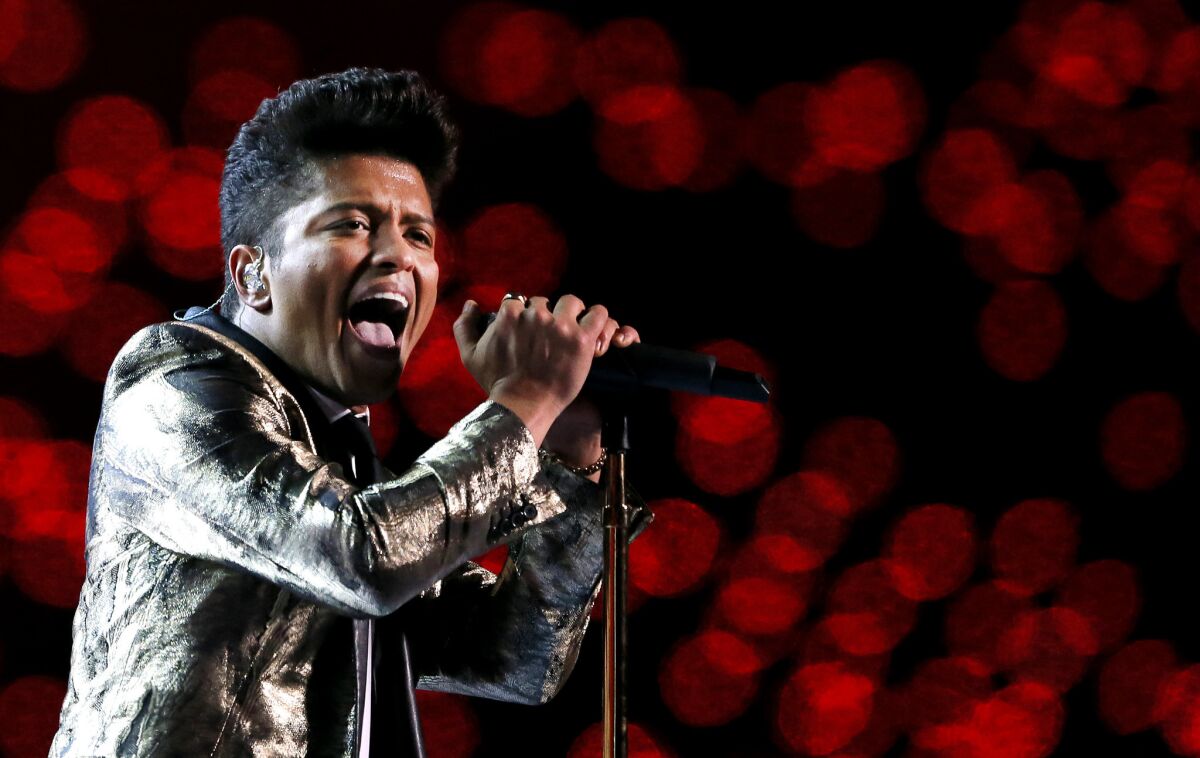 Bruno Mars performs during the Super Bowl XLVIII halftime show at MetLife Stadium on Feb. 2, 2014.