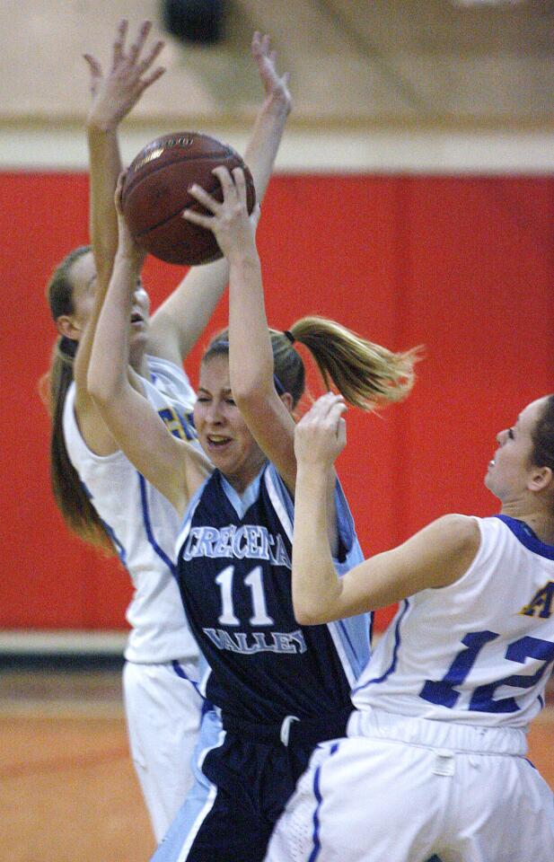 Crescenta Valley's Jacqueline Wilson is double teamed by the full-court press of Agoura's Natalie Bradley and Kim Jacobs in the first half of the Magnolia Park Optimist Girls Basketball Tournament at Burroughs High School in Burbank on Wednesday, December 19, 2012.