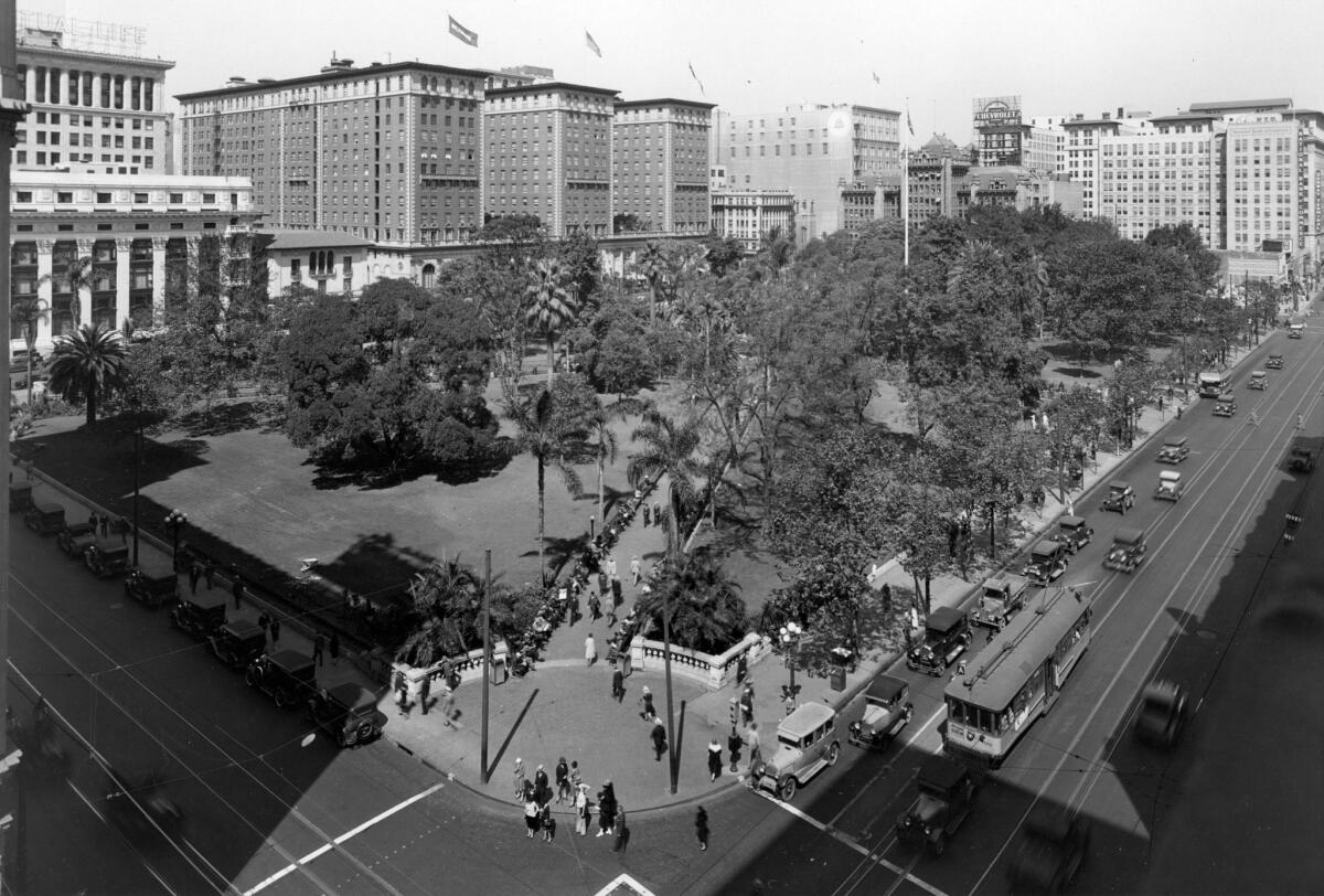 A northwest view of Pershing Square in an undated photo. The Biltmore Hotel is at left, with the Philharmonic Auditorium in the background.