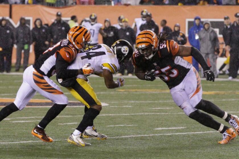 Bengals linebacker Vontaze Burfict (55) was suspended for three games for a helmet-to-helmet hit on Steelers receiver Antonio Brown during a playoff game last year.