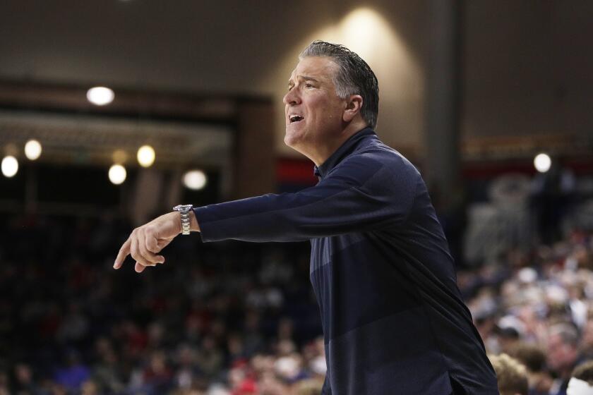 San Diego head coach Steve Lavin directs his team during the second half of an NCAA college basketball game against Gonzaga, Saturday, Jan. 6, 2024, in Spokane, Wash. (AP Photo/Young Kwak)