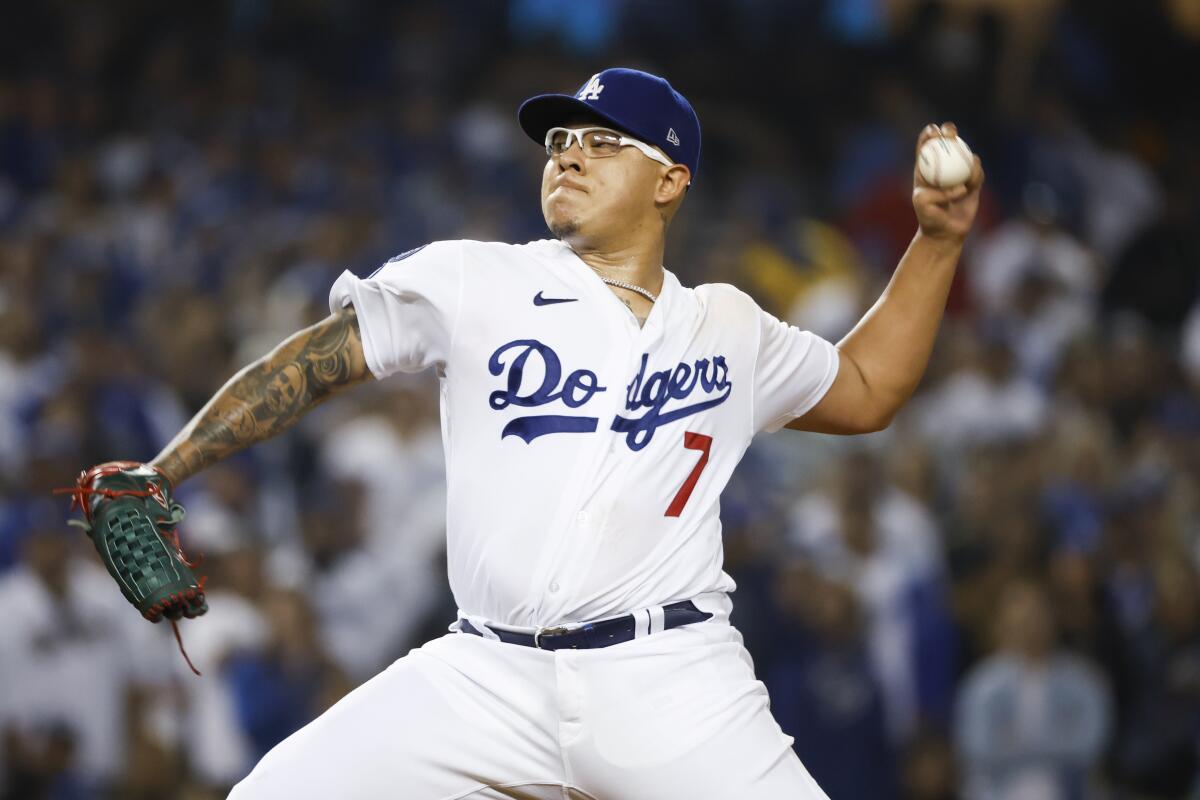 Dodgers starting pitcher Julio Urías delivers against the San Diego Padres in Game 1 of the NLDS in October.