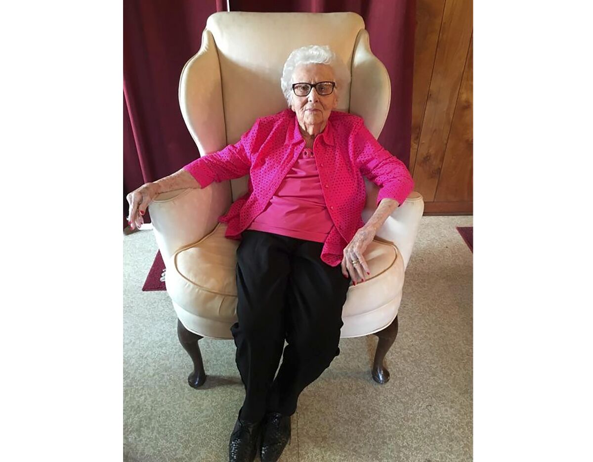 Helen Viola Jackson is shown this April 2017 photo. Jackson was believed to be the last surviving widow of a Civil War soldier when she died Dec. 16, 2020 in Marshfield, Mo. She was 101. In 1936, she was 17 when she married 93-year-old former Union soldier James Bolin. She had been his caregiver and he wanted to marry her so she would receive his soldier's pension. But after he died in 1939, Jackson never applied for the pension. (Photo courtesy Nicholas Inman via AP)